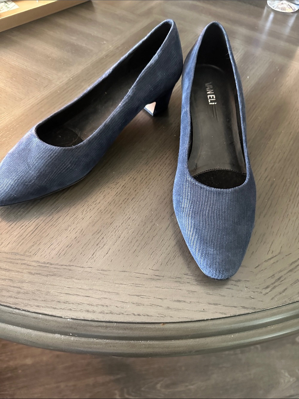 Vaneli Navy Blue Corduroy Mid Heel Pumps